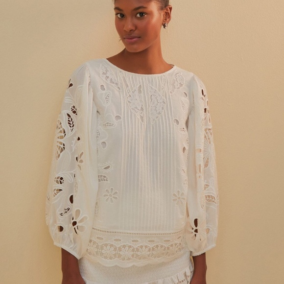 FARM Rio Tops - White Richelieu Short Sleeve Blouse